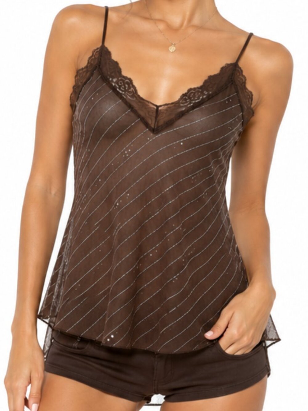 Teenie Weenie Womens Brown Sheer Sparkle Camisole Top 1X Y2K Whimsigoth Fairy